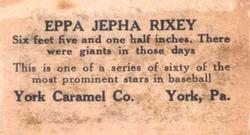 1927 York Caramel (E210) (Type 1) #16 Eppa Rixey Back