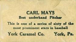 1927 York Caramel (E210) (Type 1) #17 Carl Mays Back