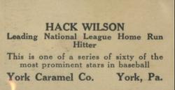 1927 York Caramel (E210) (Type 1) #25 Hack Wilson Back