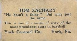 1927 York Caramel (E210) (Type 1) #26 Tom Zachary Back
