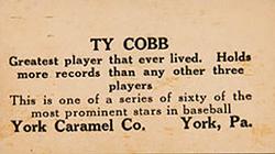 1927 York Caramel (E210) (Type 1) #27 Ty Cobb Back