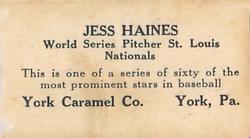 1927 York Caramel (E210) (Type 1) #30 Jesse Haines Back