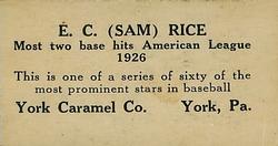 1927 York Caramel (E210) (Type 1) #36 Sam Rice Back