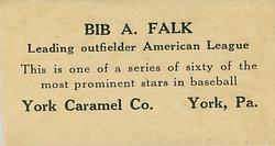 1927 York Caramel (E210) (Type 1) #39 Bibb Falk Back