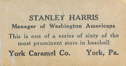 1927 York Caramel (E210) (Type 1) #41 Stanley Harris Back