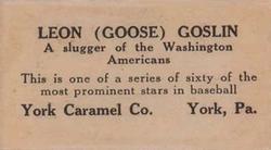 1927 York Caramel (E210) (Type 1) #49 Goose Goslin Back