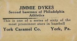 1927 York Caramel (E210) (Type 1) #51 Jimmie Dykes Back