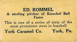 1927 York Caramel (E210) (Type 1) #55 Ed Rommel Back