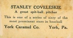 1927 York Caramel (E210) (Type 1) #57 Stanley Coveleski Back