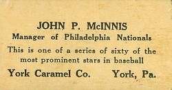 1927 York Caramel (E210) (Type 1) #60 John McInnis Back