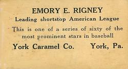 1927 York Caramel (E210) (Type 1) #38 Emory Rigney Back