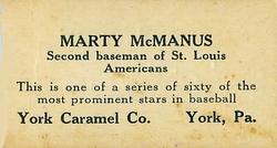 1927 York Caramel (E210) (Type 1) #48 Marty McManus Back