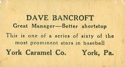 1927 York Caramel (E210) (Type 1) #19 Dave Bancroft Back