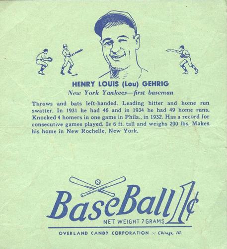 1936-41 Overland Candy (R301) #NNO Lou Gehrig Front