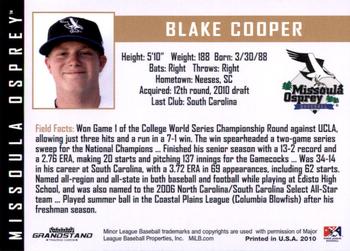 2010 Grandstand Missoula Osprey #NNO Blake Cooper Back