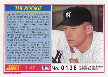 1991 Score - Mickey Mantle Glossy #1 The Rookie Back
