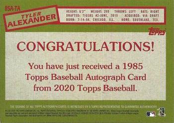 2020 Topps Update - 1985 Topps Baseball Autographs #85A-TA Tyler Alexander Back