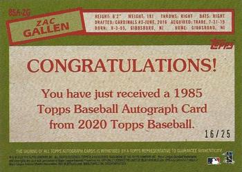 2020 Topps Update - 1985 Topps Baseball Autographs Red #85A-ZG Zac Gallen Back