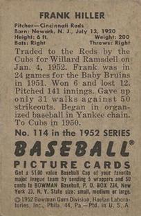 1952 Bowman #114 Frank Hiller Back