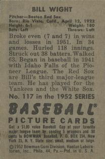 1952 Bowman #117 Bill Wight Back