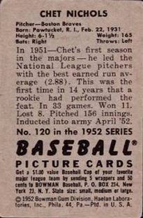 1952 Bowman #120 Chet Nichols Back