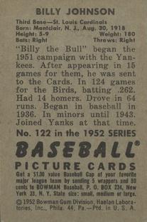 1952 Bowman #122 Billy Johnson Back