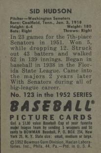 1952 Bowman #123 Sid Hudson Back