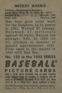 1952 Bowman #135 Mickey Harris Back