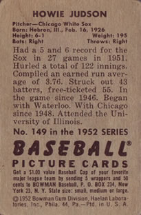 1952 Bowman #149 Howie Judson Back