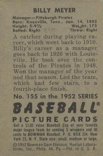 1952 Bowman #155 Billy Meyer Back