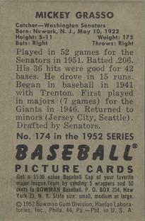 1952 Bowman #174 Mickey Grasso Back