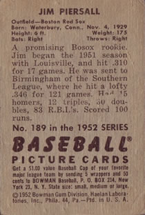 1952 Bowman #189 Jim Piersall Back