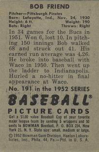 1952 Bowman #191 Bob Friend Back