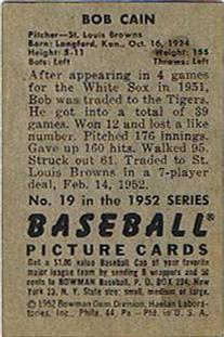 1952 Bowman #19 Bob Cain Back
