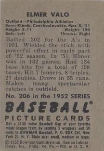 1952 Bowman #206 Elmer Valo Back