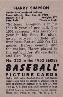 1952 Bowman #223 Harry Simpson Back