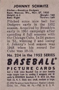 1952 Bowman #224 Johnny Schmitz Back
