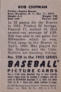 1952 Bowman #228 Bob Chipman Back