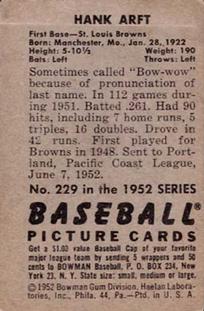 1952 Bowman #229 Hank Arft Back