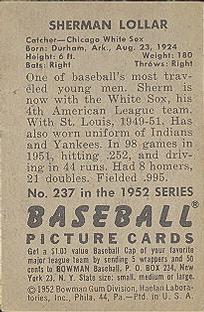 1952 Bowman #237 Sherm Lollar Back