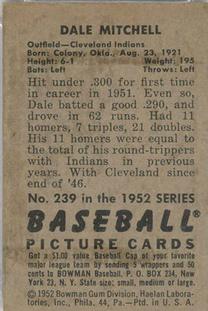 1952 Bowman #239 Dale Mitchell Back