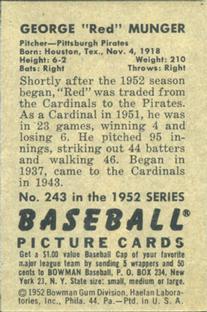 1952 Bowman #243 Red Munger Back
