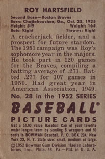 1952 Bowman #28 Roy Hartsfield Back