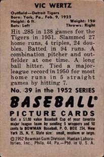 1952 Bowman #39 Vic Wertz Back