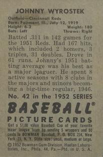 1952 Bowman #42 Johnny Wyrostek Back