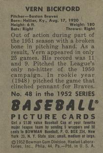1952 Bowman #48 Vern Bickford Back