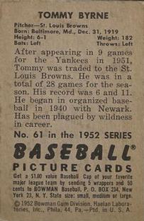 1952 Bowman #61 Tommy Byrne Back