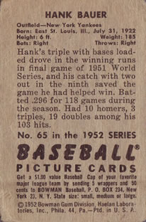 1952 Bowman #65 Hank Bauer Back