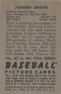 1952 Bowman #67 Johnny Groth Back
