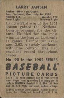 1952 Bowman #90 Larry Jansen Back